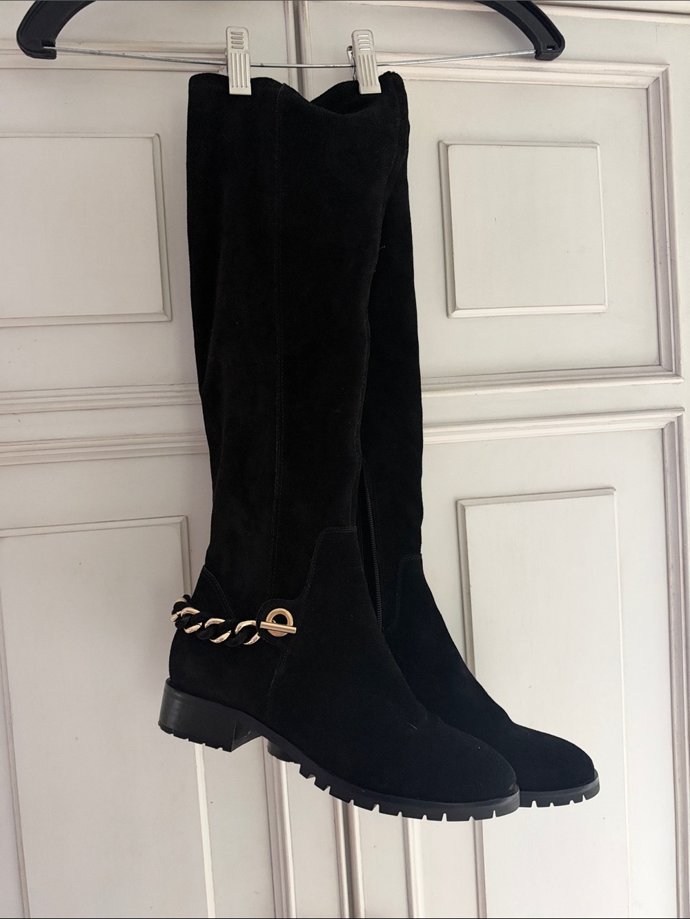 Karl Lagerfeld Black Suede Over-the-Knee Boots with Gold Chain